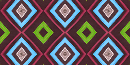 Seamless Diamond Pattern. Drawn by Hand Square Textile. Blue Bohemian Ikat Design. Rhombus Pattern....