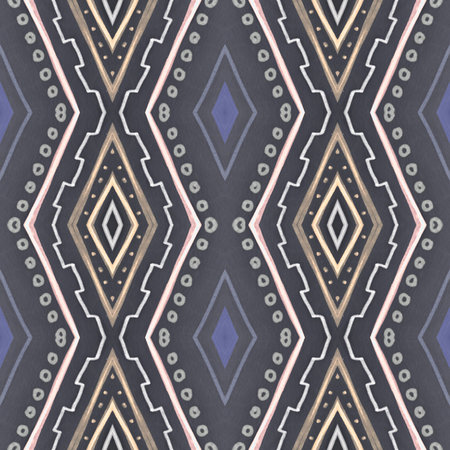Seamless African Ethnic Background. Traditional Aztec Ornament. Grunge Batik Print. Gray Brush Paint...