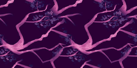 Watercolor Cherry Blossom. Pink Rose Branch Repeat. Oriental Chinese Illustration. Black Cherry Blossom Draw. Purple Romantic Cute Design. Sakura Background. Seamless Cherry Blossom Draw.の写真素材