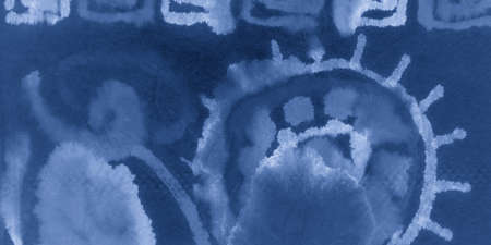 Indigo Modern Artistic Wall. Night Geometric Mosaic. Creative Ethno Design. Watercolor Mosaic. Abstract Ethnic Element. Seaside Ink Texture on Paper. Indigo Grunge Background.の写真素材