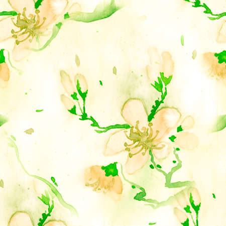 Floral Designs Watercolor. Seamless Cherry Ornament. Japanese Petal Pattern. Yellow Floral Designs. Oriental Romantic Print. Orange Art Blossom Texture. White Floral Designs.の写真素材