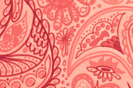 Pantone Moroccan Floral Pattern. Exotic Batik Print. Coral Tropical Indian Leaf. Hand Drawn...