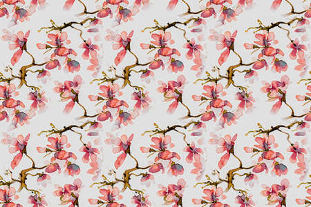 Chinese Flower Trees. Seamless Apple Ornament. White Japanese Branch Drawing. Black Oriental Floral Background. Red Chinese Flower Trees. Wedding Sakura Fabric. Black Chinese Flower Trees.の写真素材