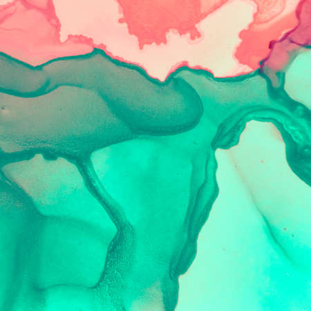 Turquoise Green Abstract Illustration. Watercolor Flow Spots. Contemporary Painting. Creative Art Pattern. Red and Green Abstract Landscape. Watercolor Wave Stains. Abstract Illustration.の写真素材
