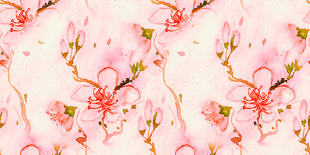 Watercolor Cherry Blossom. Seamless Rose Wallpaper. Japanese Tree Texture. Pink Abstract Spring...