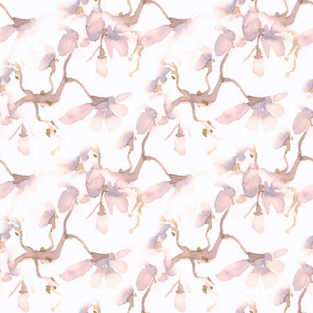 Watercolour Sakura Drawing. Pink Cherry Flower Painting. Abstract Asian Background. White Sakura Drawing. Pastel Romantic Soft Print. Japanese Rose Wallpaper. Seamless Sakura Drawing.の写真素材