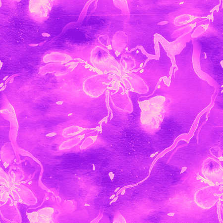 Blossom Watercolor. Bright Purple Apple Leaf. Modern Chinese Pattern. Seamless Romantic Illustration. Blossom Watercolor. Bright Pink Cute Design. Rose Repeat. Sakura Blossom Watercolor.の写真素材