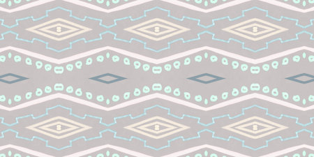Seamless Ethnic Wallpaper. Traditional Ikat Texture with Drawn by Pen ZigZag. Blue Watercolor Native...