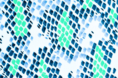 Watercolor Snakeskin. Blue Color. Python or Cobra Animal Print. Aquarelle Artistic Cloth Ornament. Exotic Fashion Illustration. Splatter Snakeskin.の写真素材