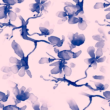 Blue Blooming Branches. Seamless Petal Background. Japan Rose Pattern. Indigo Blooming Branches. Abstract Romantic Card. Pink Spring Sakura Repeat. Pink Blooming Branches.の写真素材