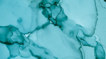 Pastel Fluid Water. Blue Smoke Fashion Abstraction. Contemporary Wave Background. Teal Pastel Flow Water. Blue Sea Modern Abstraction. Contemporary Color Illustration. Alcohol Inks Texture.の写真素材