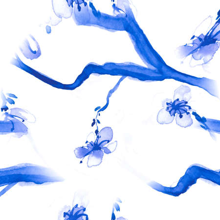 Illustrations Sakura. Blossom Leaf. White Oriental Chinese Textile. Seamless Wedding Ornament. Watercolour Illustrations Sakura. Blue Cute Print. Apple Wallpaper. Illustrations Sakura.の写真素材