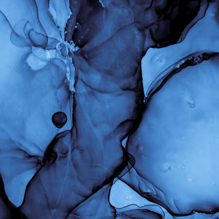 Oil Water Texture. Ink Flow Background. Indigo Blue Marble Painting. Oil Water Texture. Fluid Abstract Pattern. Sophisticated Gradient Drops. Light Print. Art Effect. Liquid Oil Water Texture.の写真素材