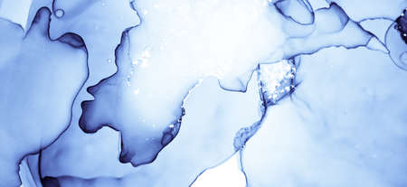 Snow Ink Paint. Fluid Flow Background. Blue Abstract Design. Ink Painting. Airy Effect. Indigo Art Pattern. Watercolor Creative Splash. White Geode Art. Ocean Mix. Liquid Ink Painting.の写真素材