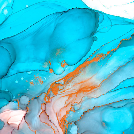 Turquoise Alcohol Ink Painting. Acrylic Art Effect. Bright Blue Wave Mix. Creative Color Liquid...