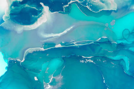 Turquoise Ocean Water. Alcohol Ink on Paper. Abstract Green Liquid Texture. Luxury Ocean Abstract. Modern Sea Paint. Ocean Waves. Blue Marble Design. Watercolor Art Pattern. Hand paintedの写真素材