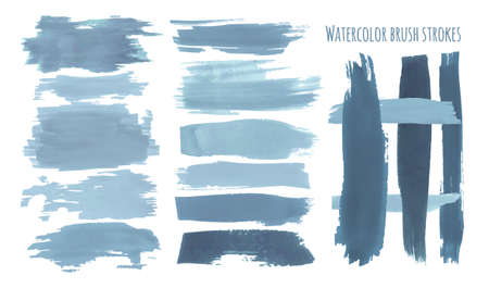 Water Paintbrush Splatter. Frames Collection. Dirty Abstract Banner. Ink Drawn Strokes Set. Isolated Paintbrush Elements. Blue Grunge Design. Vector Traced Smears. Paintbrush Border.の写真素材