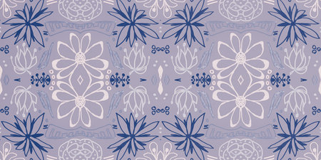 Seamless flower folk pattern. Abstract ethnic print. Watercolor batik background.の写真素材