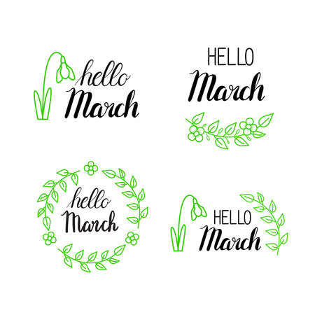 Vector hello march lettering with green leaves and blossomのイラスト素材