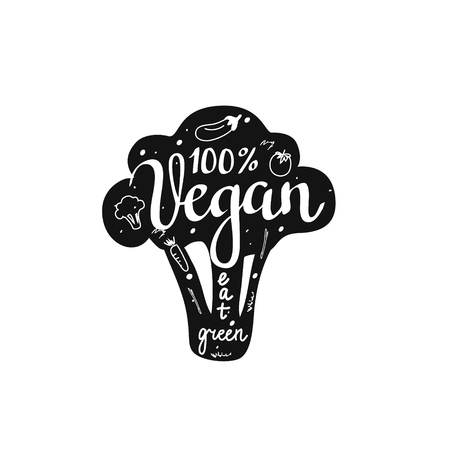 Vector 100 vegan eat green lettering broccoli badge design illustration.のイラスト素材