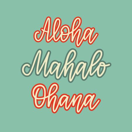 Vector retro style lettering. Set of words in Hawaiian. Hello, goodbye, love, thank you, familyのイラスト素材