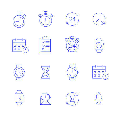 Time and date icons. Watch, hourglass, notification, stop watch, round the clock working hours. Pixel perfect, editable strokeのイラスト素材