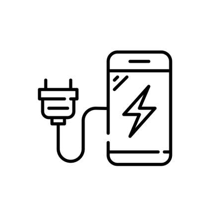 Phone with charger icon. Smartphone with ab electric plug. Pixel perfect, editable strokeのイラスト素材