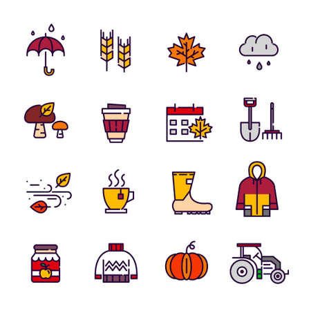 Autumn season line art icons. Rainy weather, foliage fall, harvest and warm sweater. Pixel perfect, editable strokeのイラスト素材