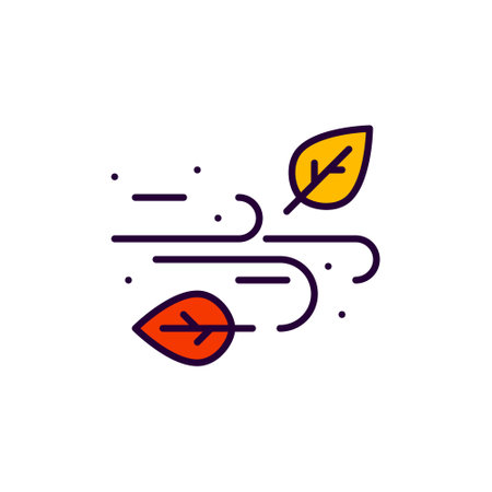 Autumn wind blowing falling leaves. Pixel perfect, editable stroke line art colorful iconのイラスト素材