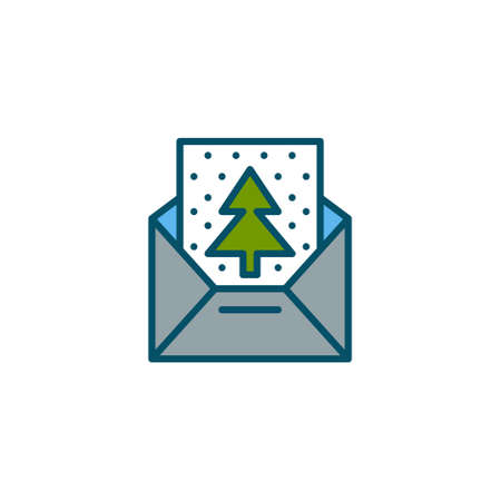 Christmas mail. Greeting card with fir tree and snow in an envelope. Pixel perfect, editable stroke colorful iconのイラスト素材