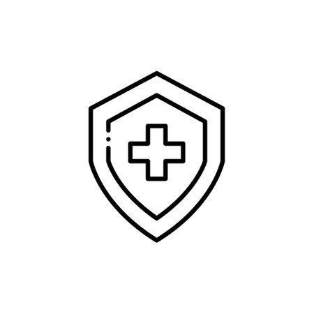 Medical insurance and health protection icon. Cross on a shield. Pixel perfect, editable stroke.のイラスト素材