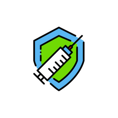 Vaccine protection symbol. Syringe on a shield. Pixel perfect, editable stroke colorful iconのイラスト素材