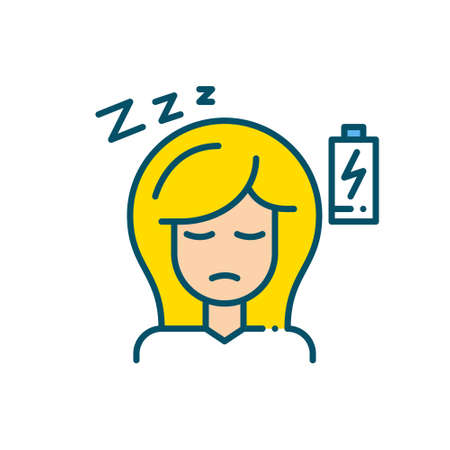 Girl with fatigue symptoms. Low energy and sleepiness. Pixel perfect, editable stroke colorful medical iconのイラスト素材