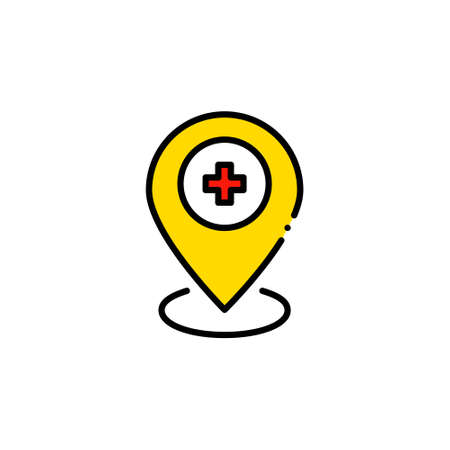 Map pointer with a cross sign. Medical assistance and hospital location. Pixel perfect, editable stroke colorful iconのイラスト素材