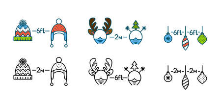 Christmas party social distancing warning posters set. Measures to stop   pandemic spread. Pixel perfect, editable stroke iconsのイラスト素材