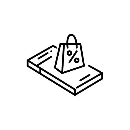 Online shopping sale event. Shopping bah with discount symbol on top of isometric smartphone. Pixel perfect, editable stroke iconのイラスト素材