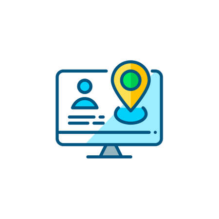 Online shopping personal account with avatar and location pointer on a computer. Pixel perfect, editable stroke colorful iconのイラスト素材