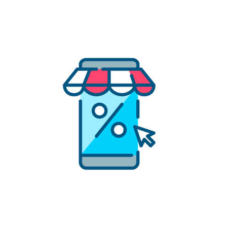Online shopping sale event. E-store on a mobile phone with discount per cent symbols. Pixel perfect, editable stroke colorful iconのイラスト素材
