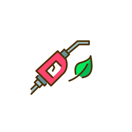 Sustainable green energy car fuel. Fuelling nozzle with a green leaf. Pixel perfect, editable stroke colorful iconのイラスト素材
