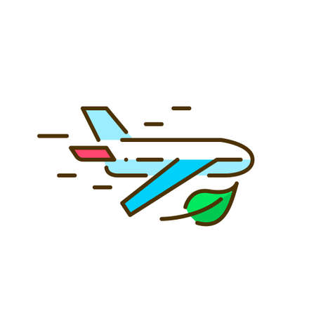 Sustainable aviation fuel icon. Airplane flying with green leaves. Pixel perfect, editable stroke colorful iconのイラスト素材