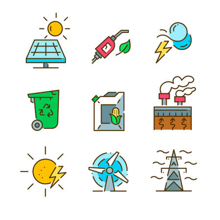 Sustainable energy. Green eco friendly alternative sources. Solar, wind, hydrothermal and other. Pixel perfect, editable strokeのイラスト素材