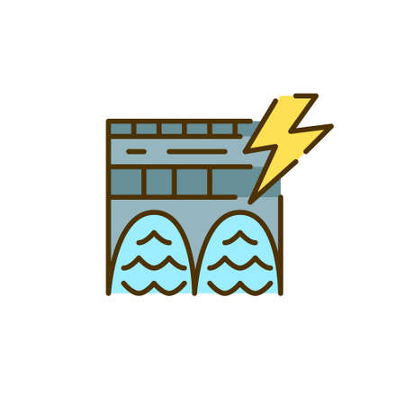 Hydroelectric power generation. Sustainable renewable energy source. Pixel perfect, editable stroke colorful iconのイラスト素材