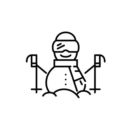 Snowman wearing goggles, helmet and scarf and holding ski poles. Winter holiday vacation. Pixel perfect, editable stroke iconのイラスト素材