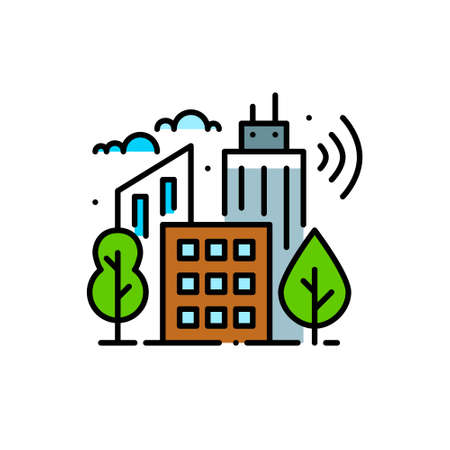 Smart city good for living, modern urban trend. Green ecology, wireless connection. Skyscrapers skyline. Pixel perfect, editable stroke, colorfulのイラスト素材
