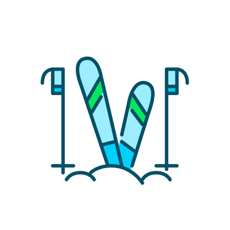 Skis and poles. Recreational winter sport and entertainment. Pixel perfect, editable stroke colorful iconのイラスト素材