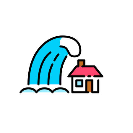 Tsunami wave over a small house. Natural disaster. Pixel perfect, editable stroke colorful iconのイラスト素材