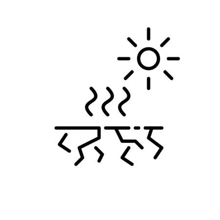 Drought natural disaster. Cracked soil and sun sending heatwaves. Pixel perfect, editable stroke iconのイラスト素材