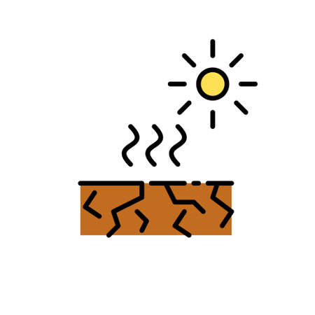 Drought natural disaster. Cracked soil and sun sending heatwaves. Pixel perfect, editable stroke colorful iconのイラスト素材