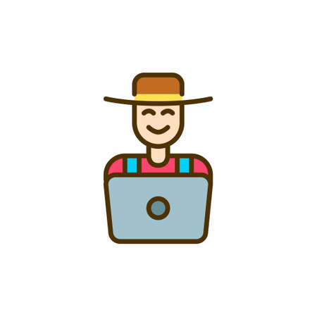 Modern smart farmer. Person wearing a hat and overalls at the computer. Pixel perfect, editable stroke colorful iconのイラスト素材