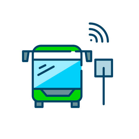 Smart public transportation. Bus with wireless sensors on a bus stop. Pixel perfect, editable stroke colorful iconのイラスト素材